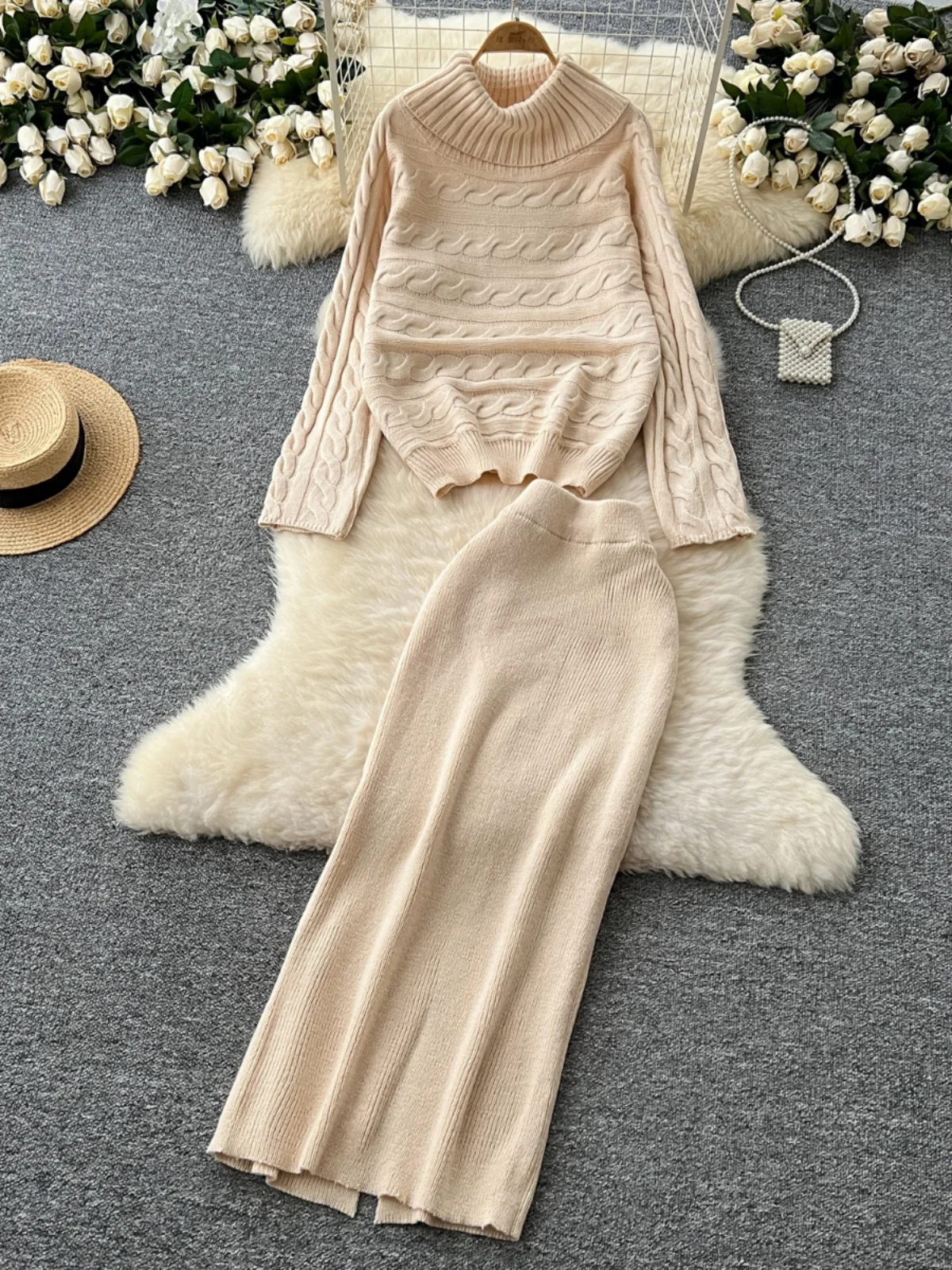 

Вязаный свитер High Ne Long Sve Twist, комплект из двух предметов, облегающая юбка-миди с высокой талией для женщин, зимний ансамбль Faion