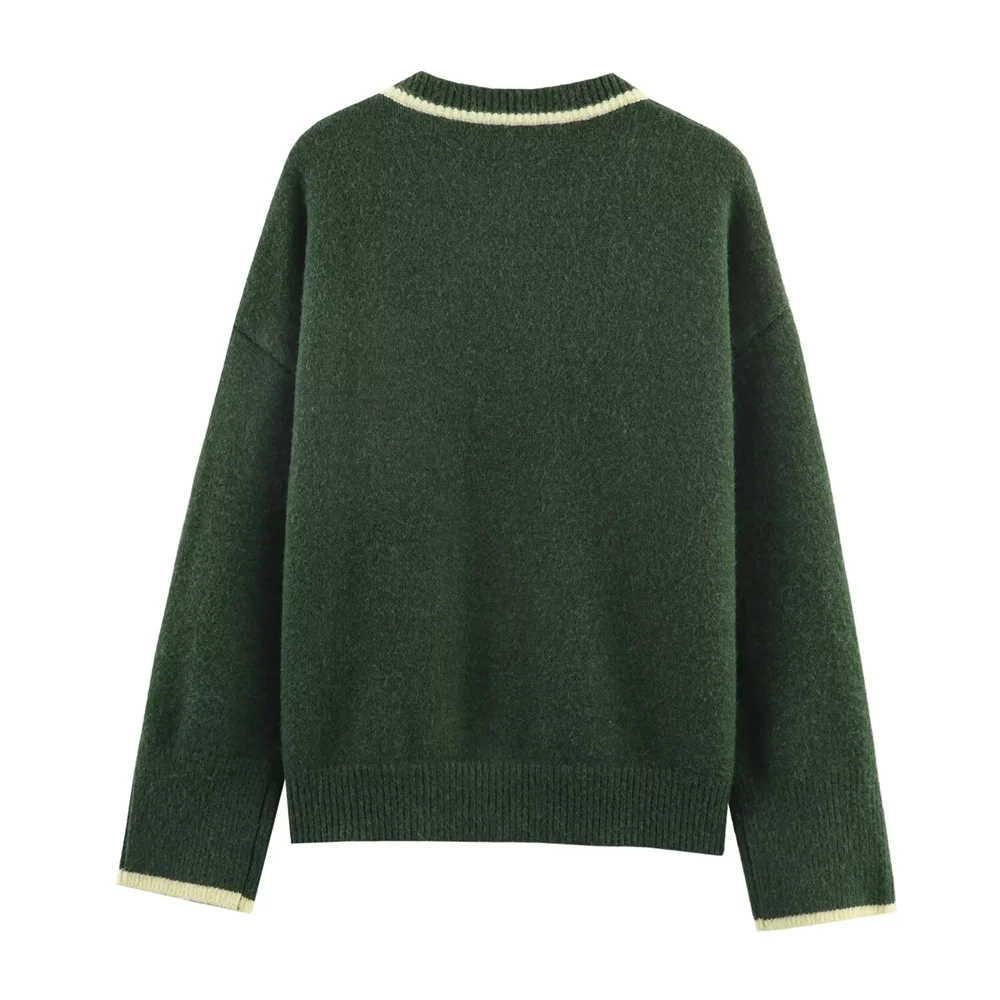 نمط جديد للتنقل البسيط للسيدات بألوان متباينة وسترة محبوكة بأكمام طويلة ورقبة دائرية مزخرفة #2