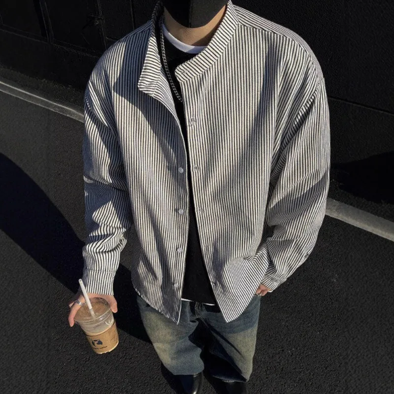 

Retro Black White Striped Stand-up Collar Shirt Men High-end Cool and Stylish Long-sleeved Shirt Jacket School Style Teenagers