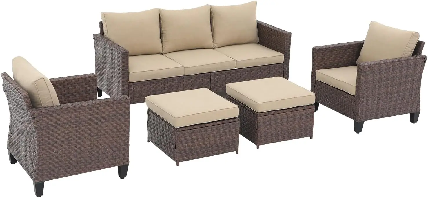 Outdoor Patio Furniture Set 5 Piece Wicker Conversation Set with Ottoman 3 Seat Sofa Couch with Club Chair