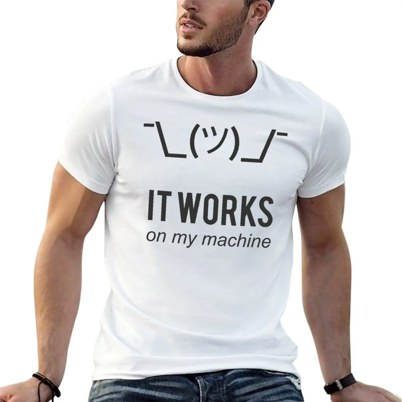 Shrug It Works On My Machine Funny Programmer Excuse Black Design T-Shirt anime t shirts baggy shirts compression shirt men