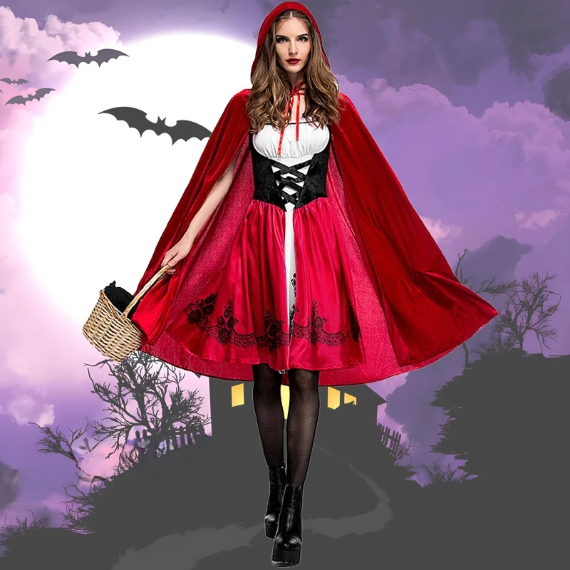 

Женский костюм на Хэллоуин, красный и черный наряд для ночного клуба с накидкой, костюм Красной Шапочки, китайское производство