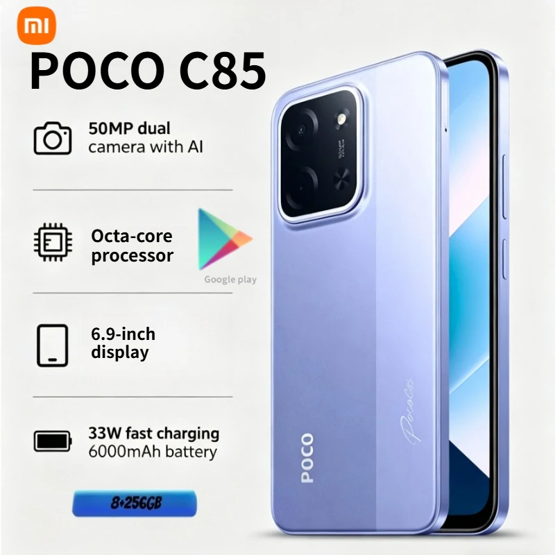 The new 2026 POCO C85 smartphone: 6.9-inch 120Hz LCD display, 6000mAh battery, 33W fast charging, 8GB+256GB storage
