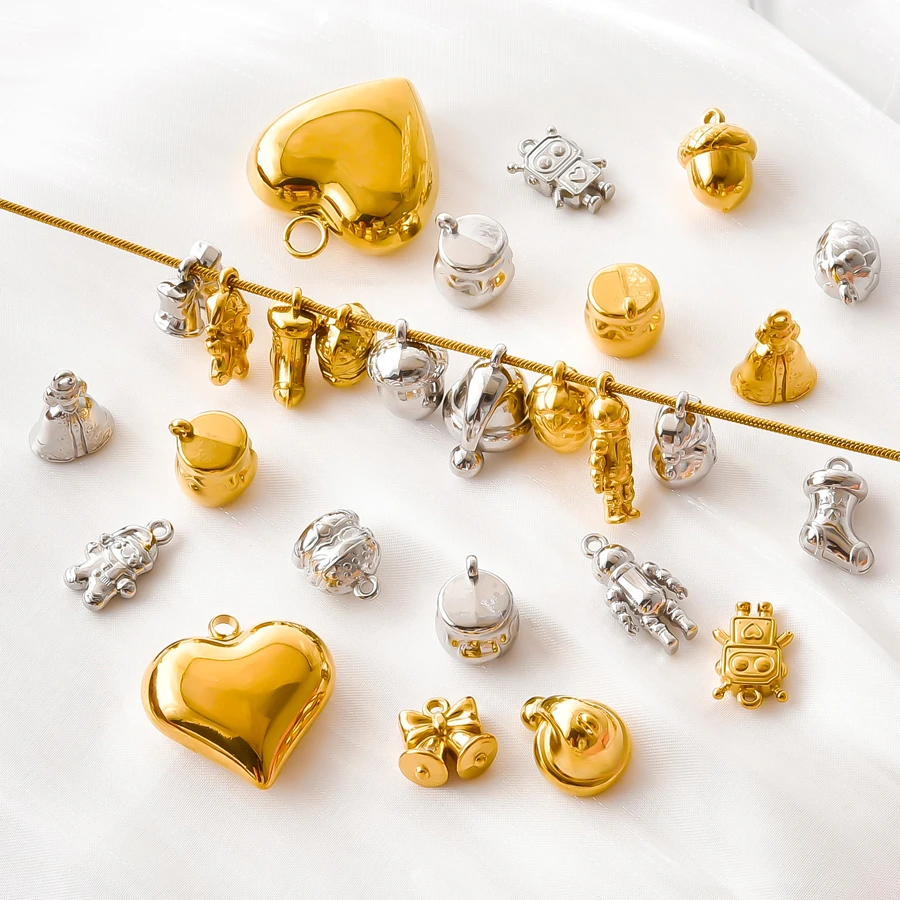 10Pcs New 316 Stainless Steel Christmas Boot Bell Santa Claus Pendant For Jewelry Making 3D Hamburger Pinecone Charms Wholesale