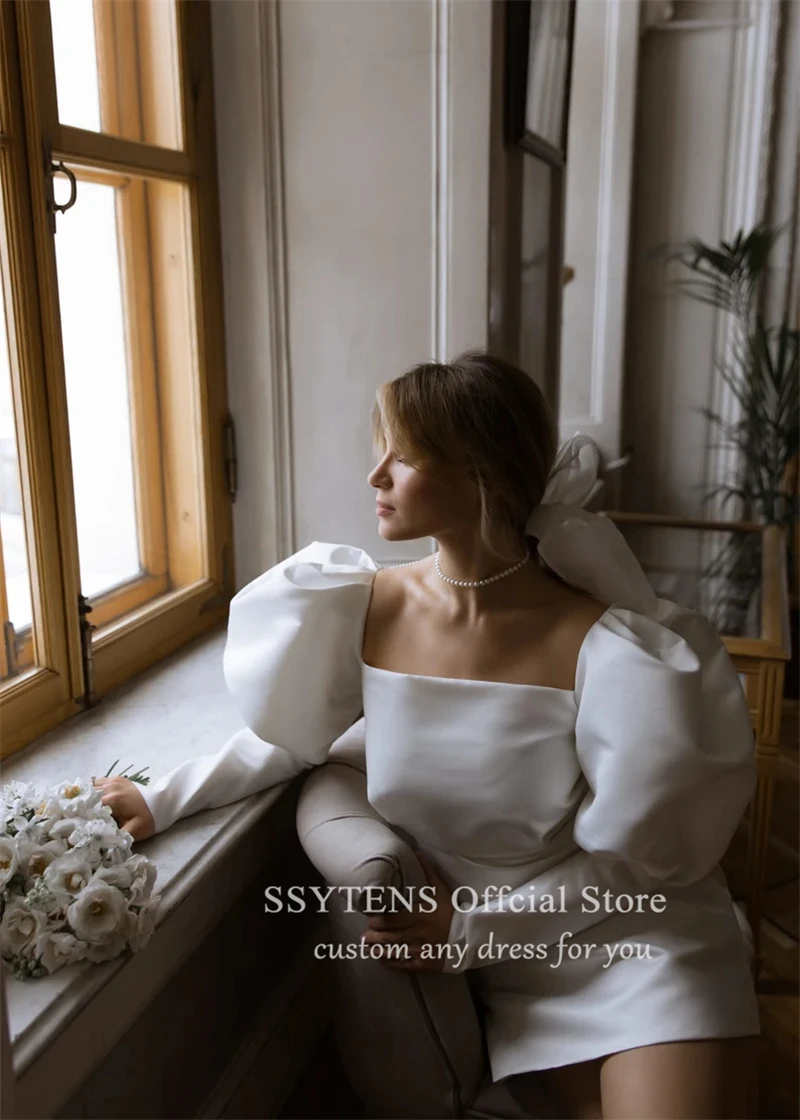 SSYTENS Elegant Satin Mini Wedding Dresses Long Puff Sleeves Bride Dress Short Above Knee Pearls Bespoke Backless Bridal Gowns