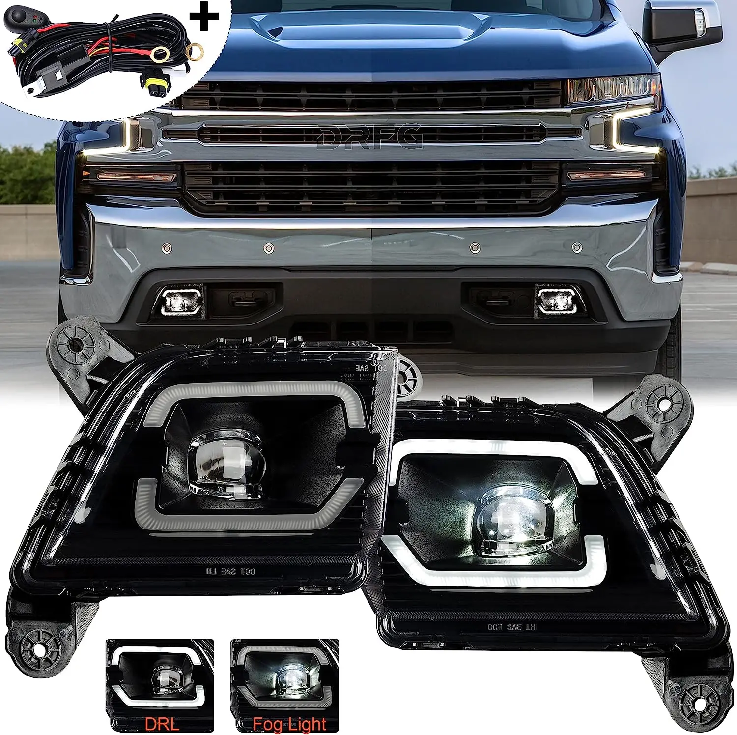 LED DRL Fog Lights for 2019-2023 Chevrolet Silverado 1500 2500HD 3500HD Chevy Front Bumper Driving Fog Lights with Switch and W