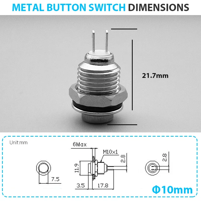 1pcs Mini 10MM 2pin Panel Hole Metal Button Switch Power Push Button High Head Self Reset soldering IP67 1NO