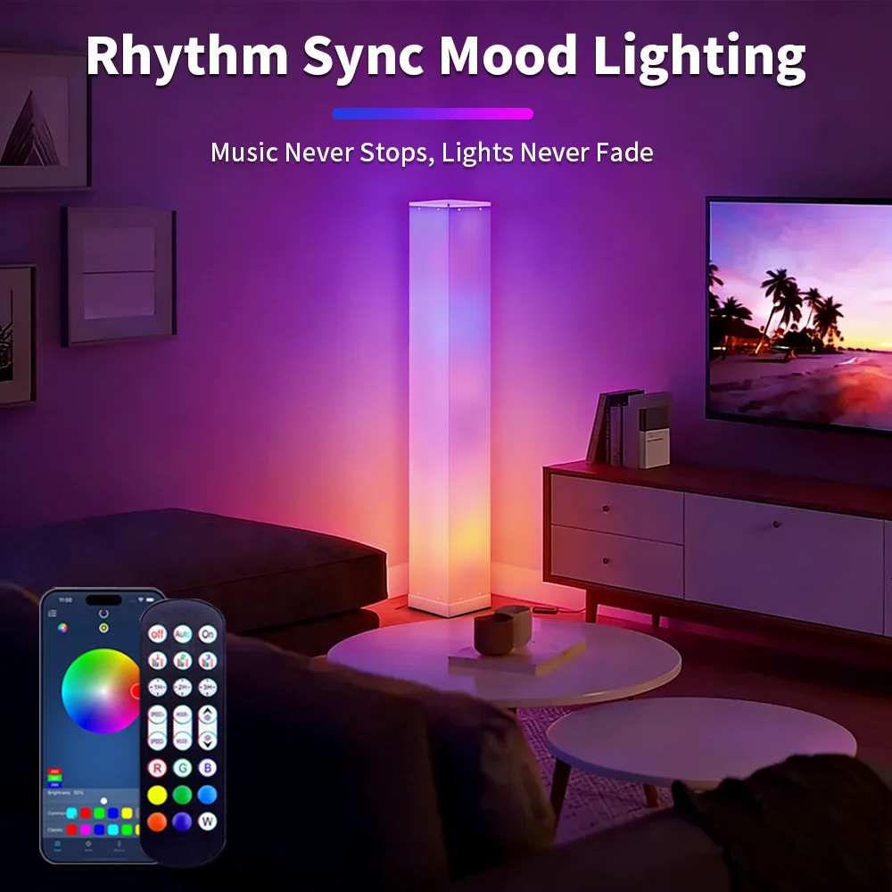104cm RGB Square Cylinder Floor Lamp 360° Glowing Music Light APP Remote Control Dimmable Night Light for Living Room Bedroom 5v