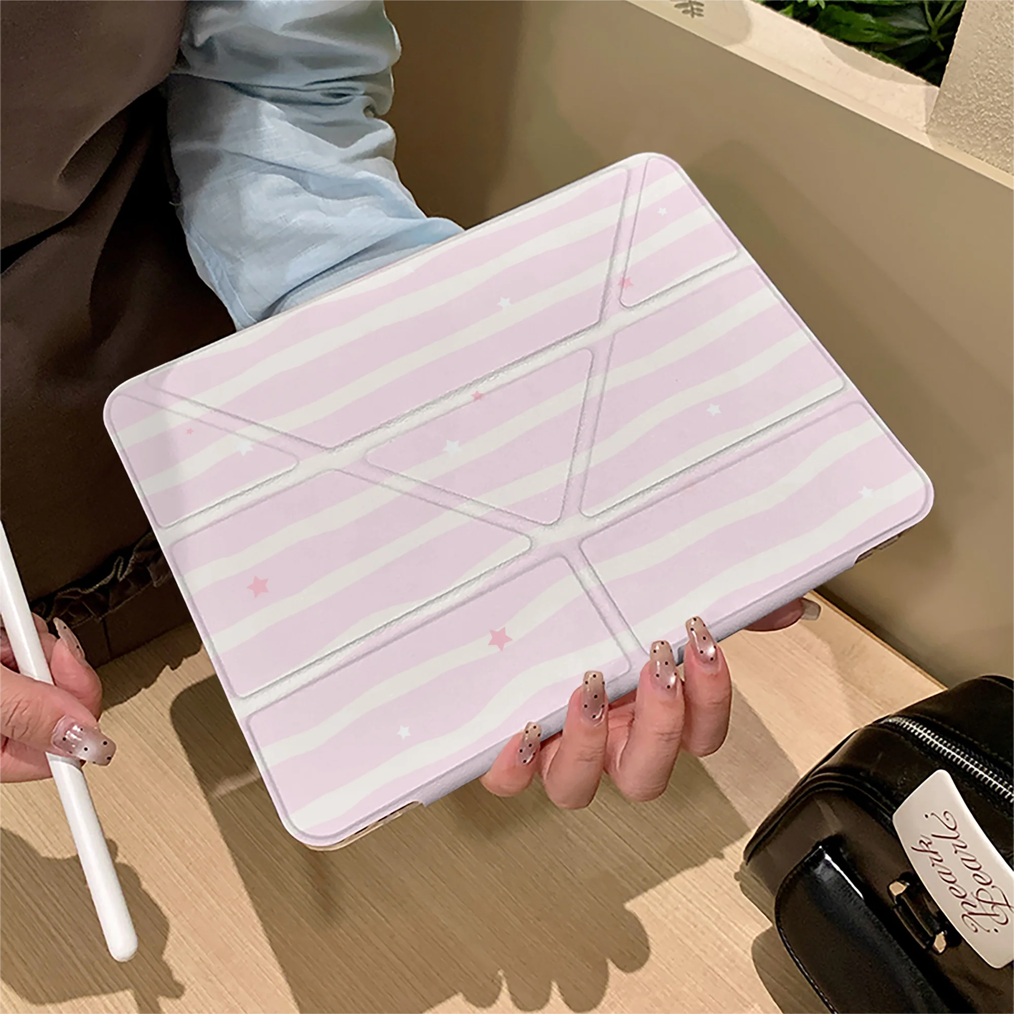 Korean Pink Stripe New Tablet Case For iPad Pro 11 12.9in 13 M4 9.7 10.2 5/6th 7/8/9 10 11th MINI 6 7 Air 5 6 7 Trifold Case