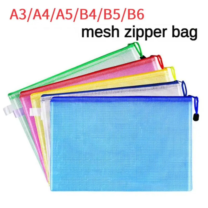 Bolsa de malha com zíper a3/a4/a5/b6, bolsa para documentos, à prova d'água, pasta de arquivo com zíper, material de escritório escolar, estojo de lápis, bolsas de maquiagem cosmética