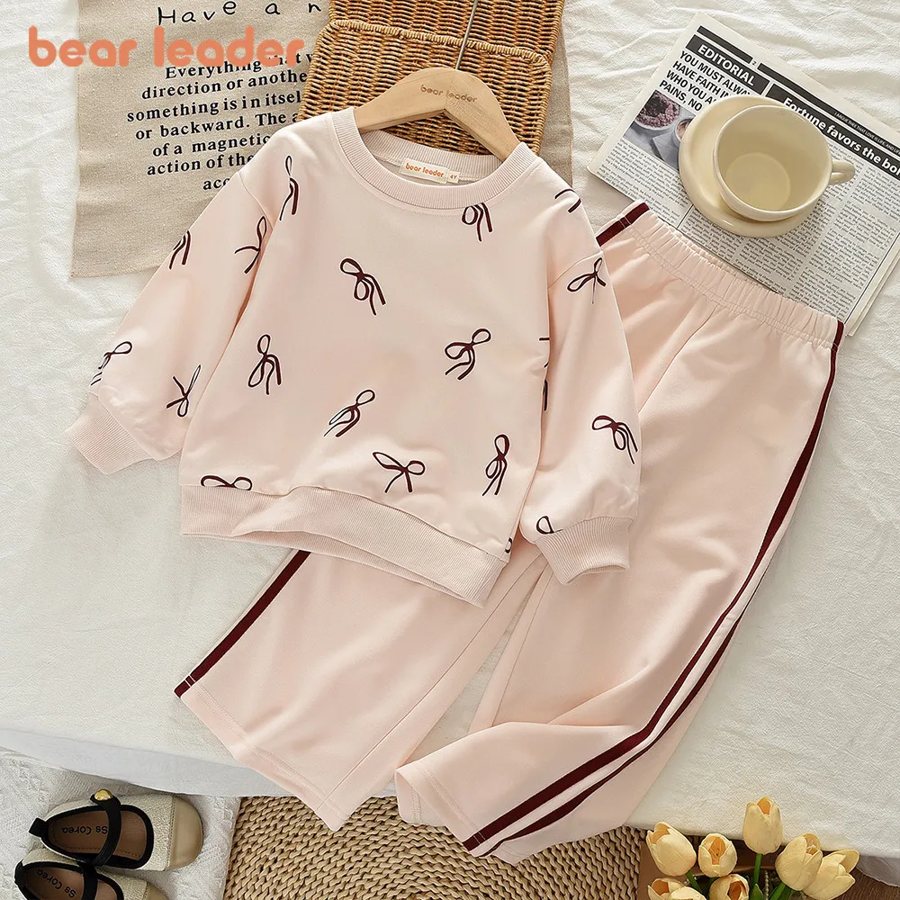Bear Leader 2 Pcs Set Autumn Pink Girls Clothes Bow Print Long Sleeved Top and Pants Spring Casual Sports Children's Clothing