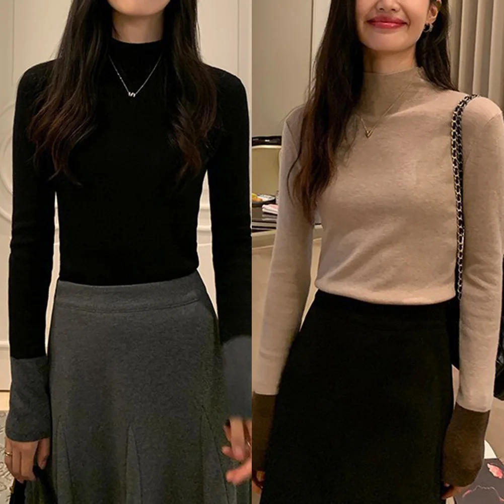 ท็อปส์ซูพื้นฐาน ท็อปส์ซูสีตัดกัน ลําลอง ท็อปส์ซูเข้ารูป เสื้อผ้าตัวยาวปกติ ดีไซน์ลวดลายสีทึบ สวมใส่ได้ทุกวัน