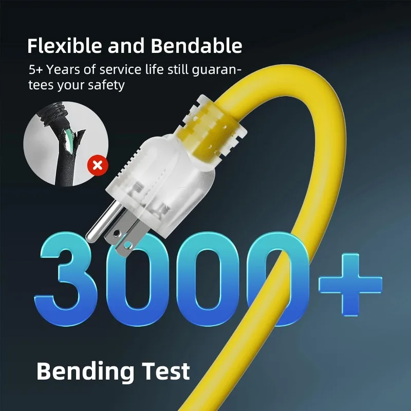 Cabo de extensão externo de calibre 12, 100 pés à prova d'água, plugue de 3 pinos, SJTW resistente 15A 1875W, cabo de extensão amarelo com iluminação
