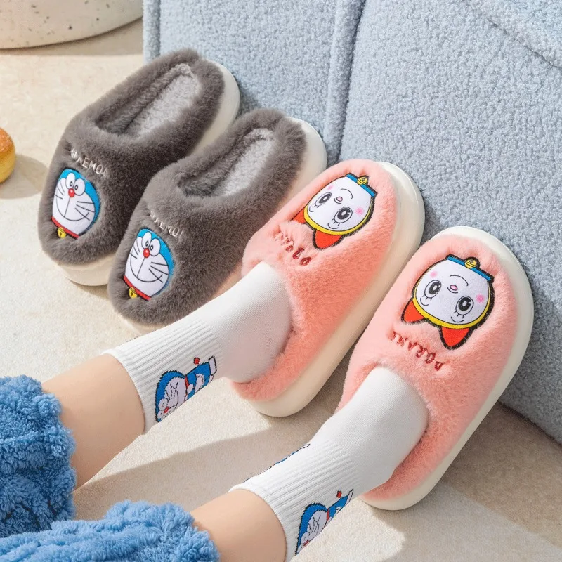 New Anime Doraemon Cute Dorami Girls Cotton Slippers Winter Indoor Home Plush Anti-skid Warm Baotou Shoes Kawaii Christmas Gift