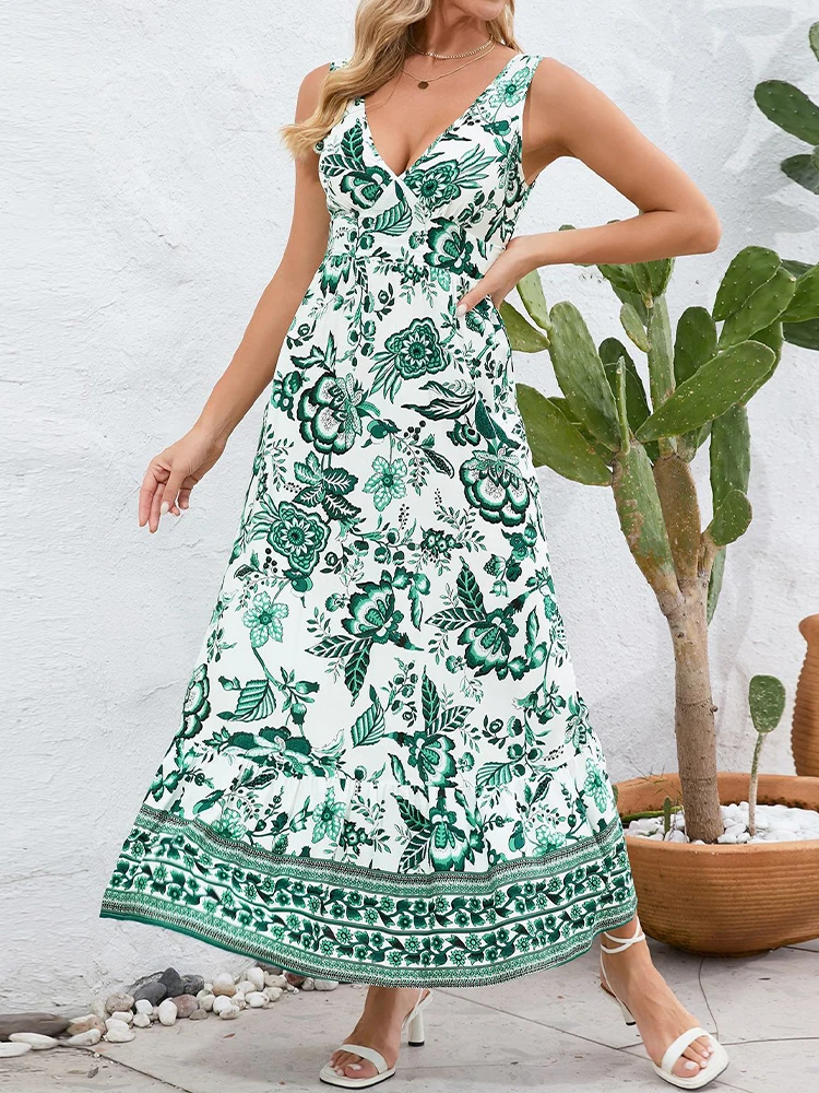 

Floral Print Dress Women Summer Casual Long Dresses Female Boho Beach Holiday Dress Ladies Elegant Sleeveless Backless Vestidos