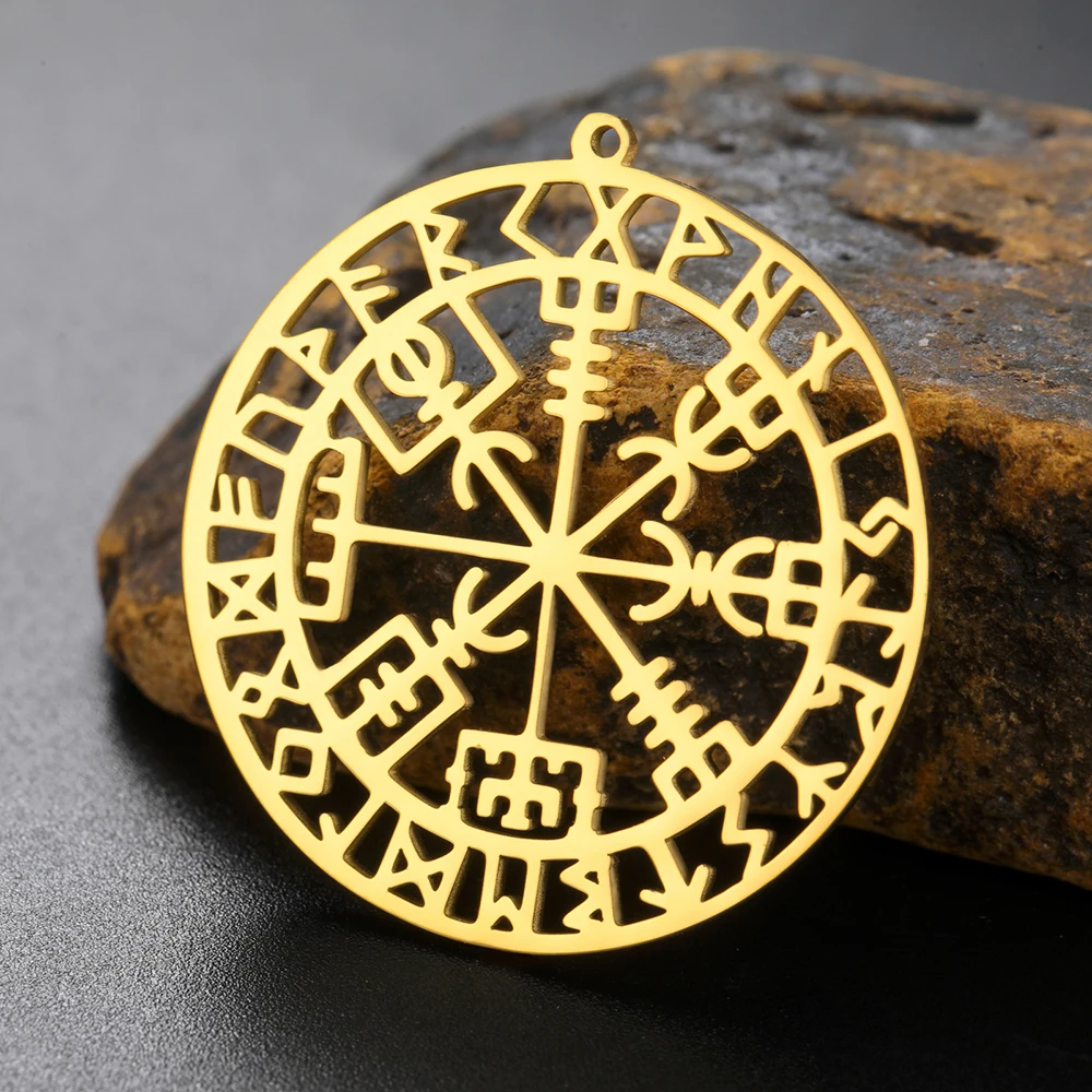 Dawapara Powerful Runes Circle Pendant Scandinavian Compass Vegvisir Web of Wyrd Pendant Stainless Steel DIY Accessories