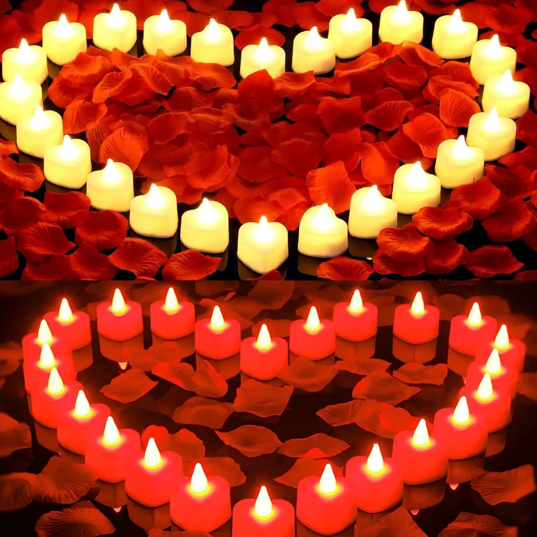 

2000 шт. лепестки роз и 24 светодиодные чайные свечи, романтический набор украшений для свадьбы, дня святого Валентина, юбилея, декор стола