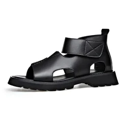 Cow Leather Sandals for Men 2026 Summer New Designer Big Size Increase Roman Beach Shoes Male Fashion Casual Black Sandals Man