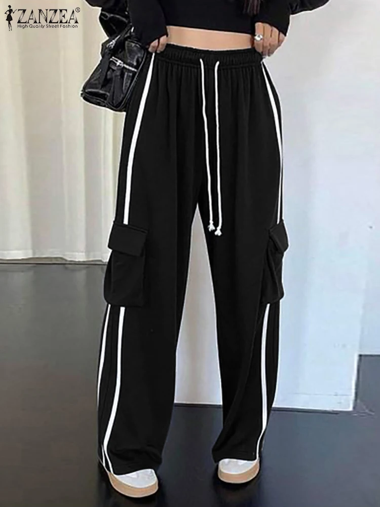 

Fashion Women Trousers ZANZEA 2025 Summer Cargo Pants Casual Elastic Waist Pockets Pants Stylish Wide Leg Pantalon Streetwear