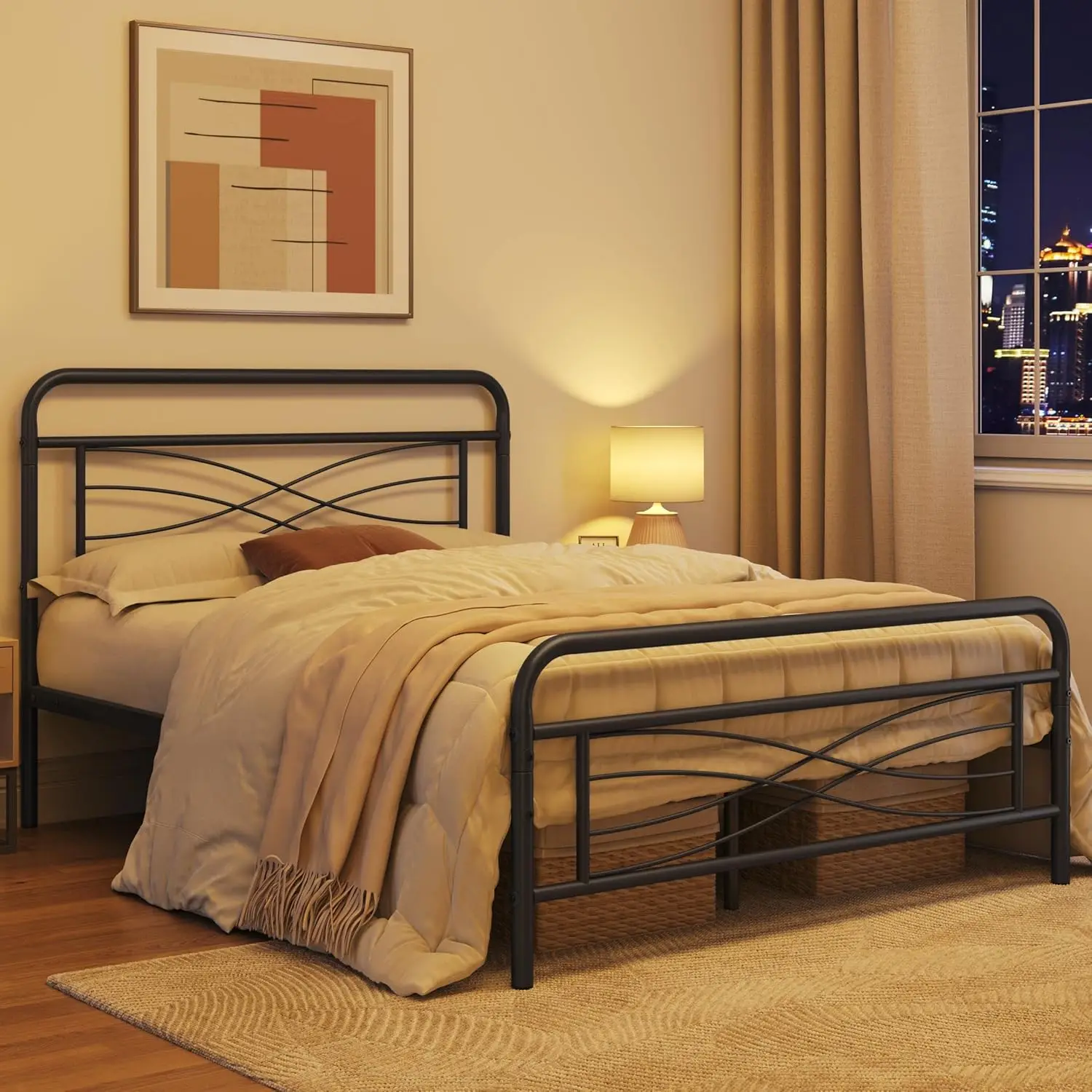 Topeakmart Queen Bed Frames Metal Bed With Vintage Style/Criss-Cross Design Headboard/Mattress Foundation/No Box Spring