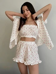 Hiloc Fashion Cotton Print Shorts Sets Pajamas Women Summer Shorts Sleeve Sexy Strepless Tops Vintage Ruffled Shorts Sleepwears