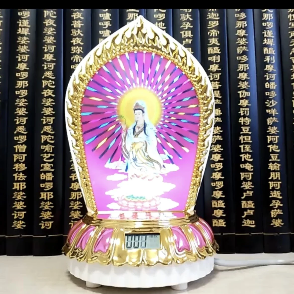 Buddha Machine Player Rotating Colorful Flash Light Auspicious Lotus Ornament Lamp