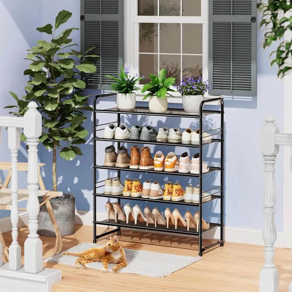 رف أحذية مكون من 5 طبقات، مساحة تخزين واسعة مقاس 33 بوصة لـ 24-30 زوجًا، منظم شبكي فولاذي لخزانة المدخل، أسود صناعي #2