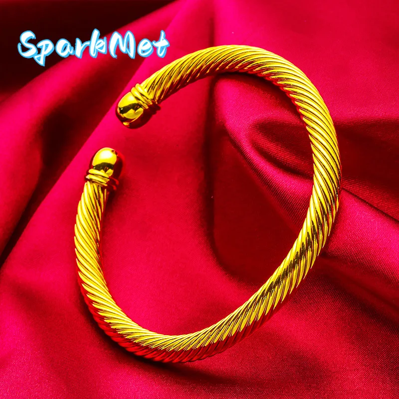 

Браслет-цепочка Sparkmet24K Gold, 6 мм, витой, открытый | Чистое золото AU999, 3D-узор, регулируемое отверстие, элегантное и яркое для повседневного ношения