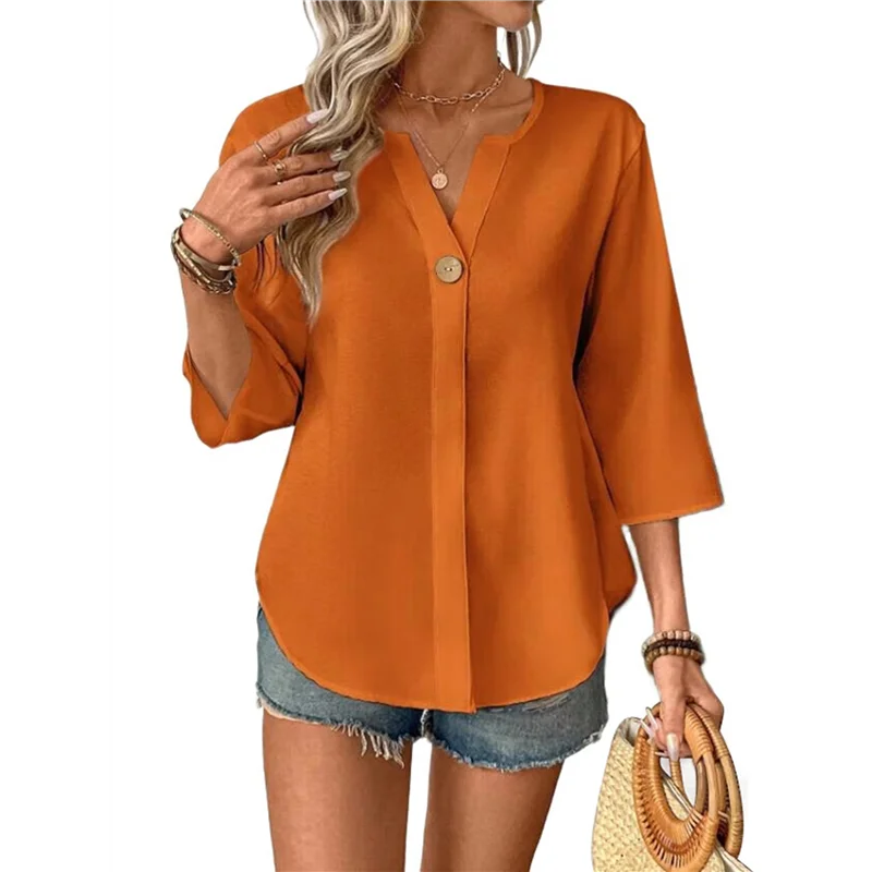 

CYL-женская льняная рубашка, повседневные рубашки на пуговицах с v-образным вырезом и длинными рукавами, дышащие летние футболки, однотонные блузки, топы