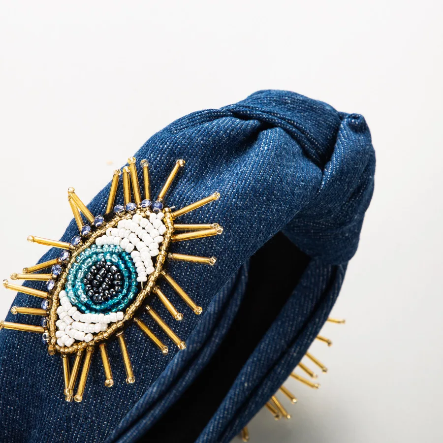 Heavy Industry Hair Accessories Personality Trend Handmade Fabrics Wide Edge Knotted Headband Fashion Demon's Eye Rice Bead Head