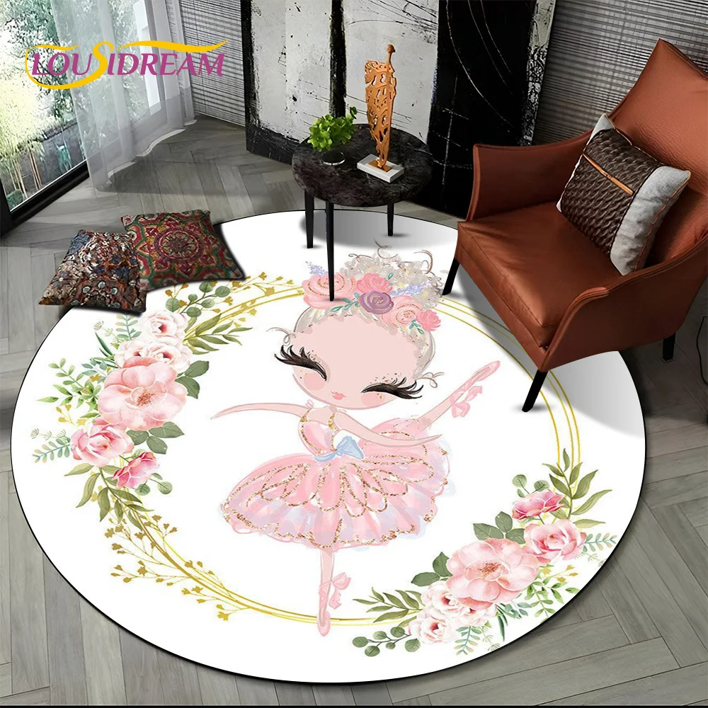 Ballet Girl Cartoon Flower Fairy Ballerina Round Carpet Rug for Living Room Bedroom Child Decor,Pet Area Rug Non-slip Floor Mat