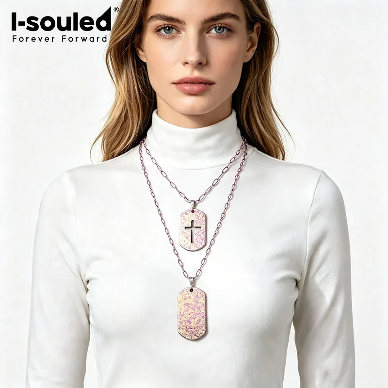 Pure titanium 4.5mm anodized pink striped chain/4.0mm sunflower chain necklace paired with ice crystal flower military pendant