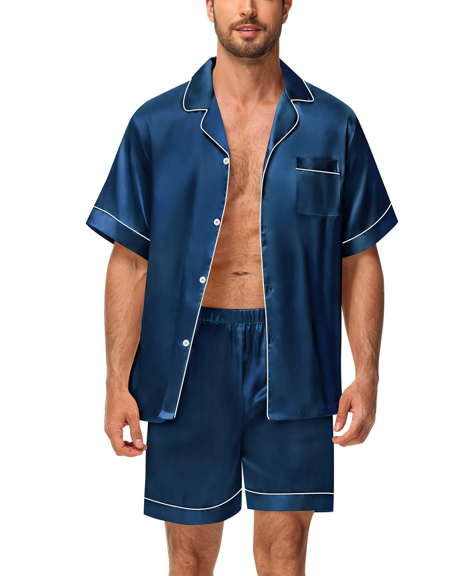2-teiliges Pyjama-Set aus seidigem Satin für Herren, kurzärmeliges Hemd mit Revers, Brusttasche und Shorts, glatte Haptik, weiche Nachtwäsche, gemütliche Nachthemden – Detail 13