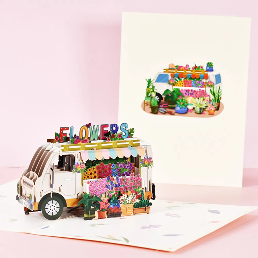 

3Pcs 3D Flower Car Greeting Cards Premium Paper Smooth Writing Surface Pop-Up Effect Festive Blessing Card for Family Friends