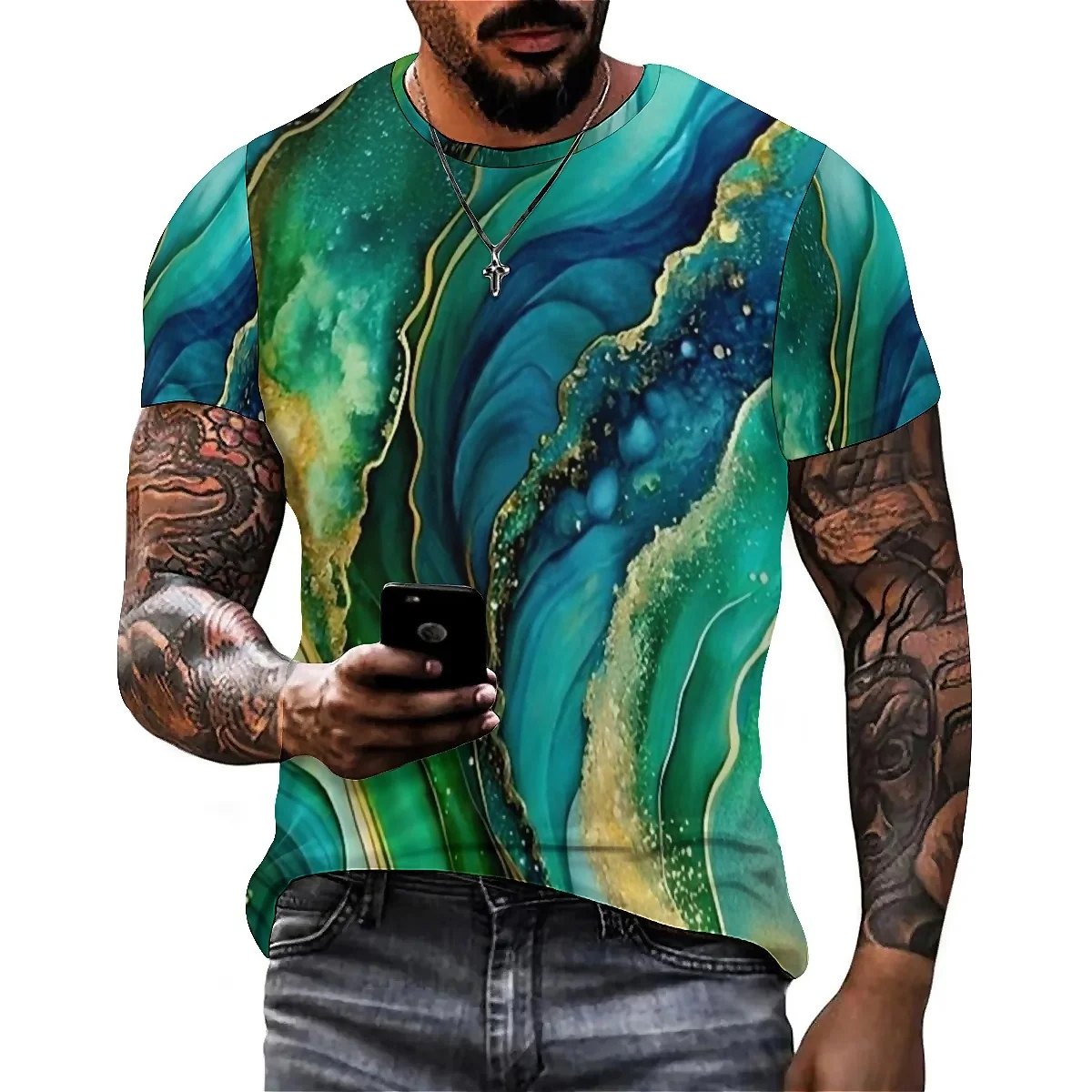 sports style men's 3D printed short sleeved T-shirt suitable for gym running, breathable quick drying fabric, couple style desi
