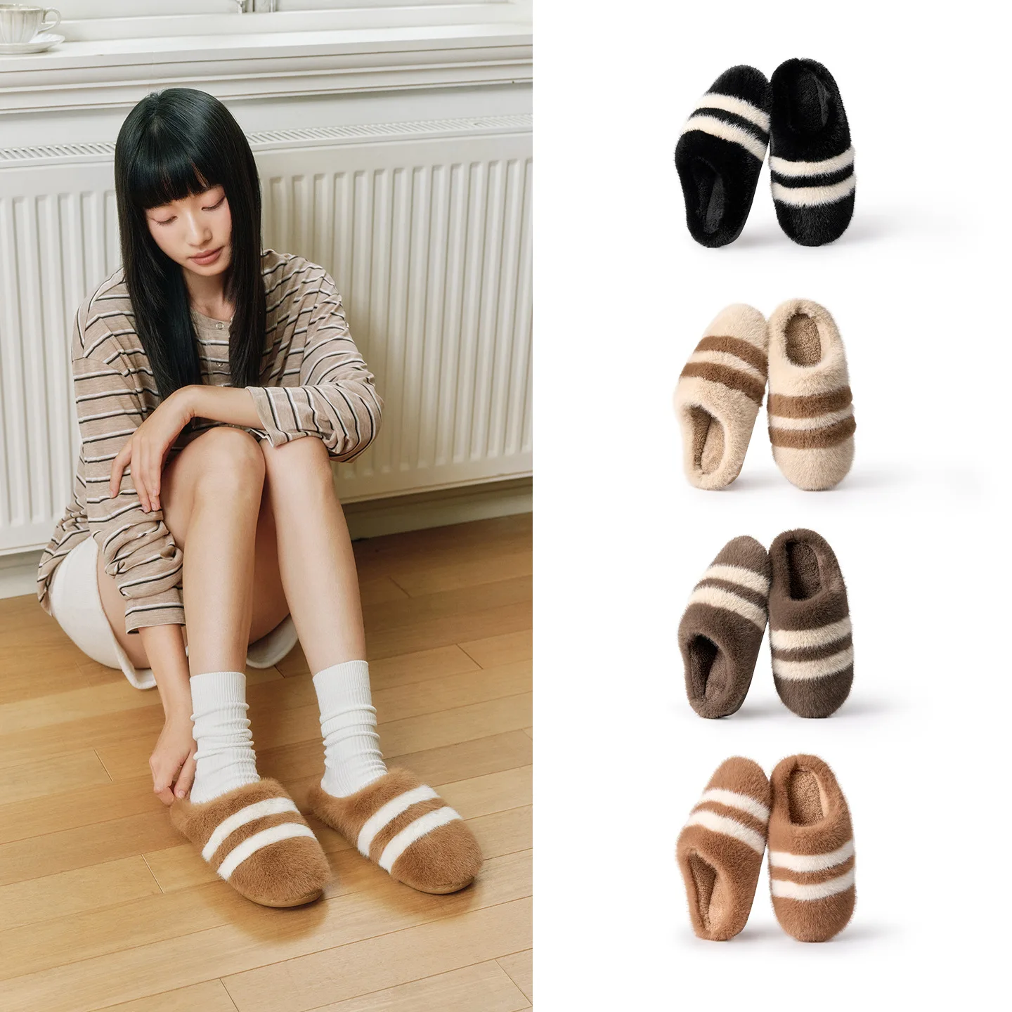 Women Men Winter Plush Striped Faux Fur Memory Foam Non Slip Warm Thick Sole Indoor House Slippers Cozy Soft Couple Home Gift