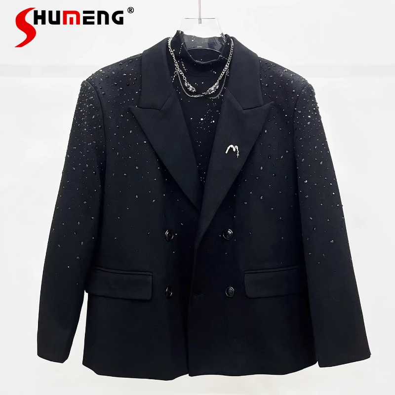 

Men's 2025 Autumn New Loose Fashion Personality Trendy Padded Shoulder Double-Breasted Suit Jackets High-End Rhinestone Blazers