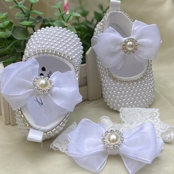 Chaussures CPull Blanches avec Strass Scintillants pour Bébé, Tenue de Baptême, de Mariage, en Organza, Fait à la Main, de 0 à 3m