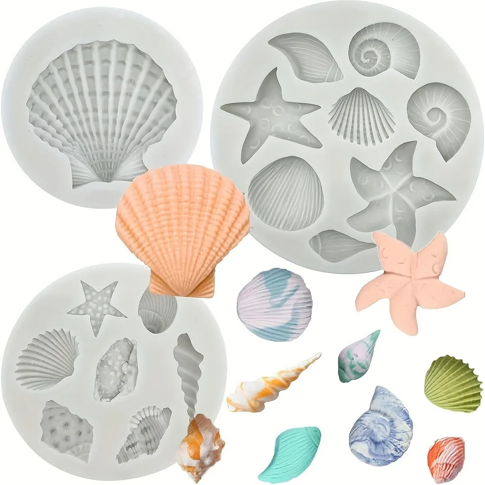 Silicone resin casting mold set of 3 pieces, irregular shell starfish shape, used for chocolate, candy, cake decoration