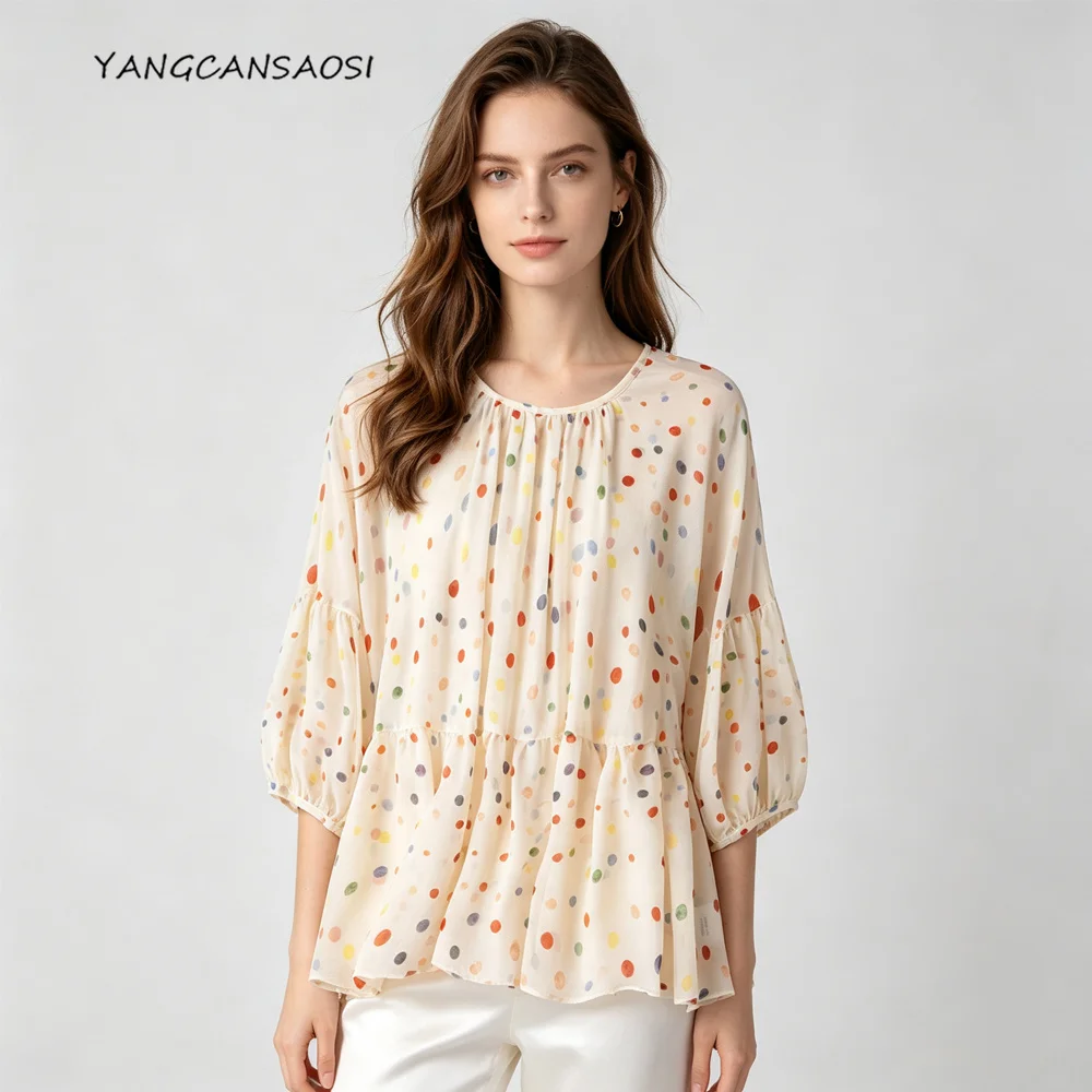 Women's Casual Summer New 100% Natural Mulberry Silk Georgette Perspective Cover Shirt Round Neck Three-quarter Sleeve T-shirt