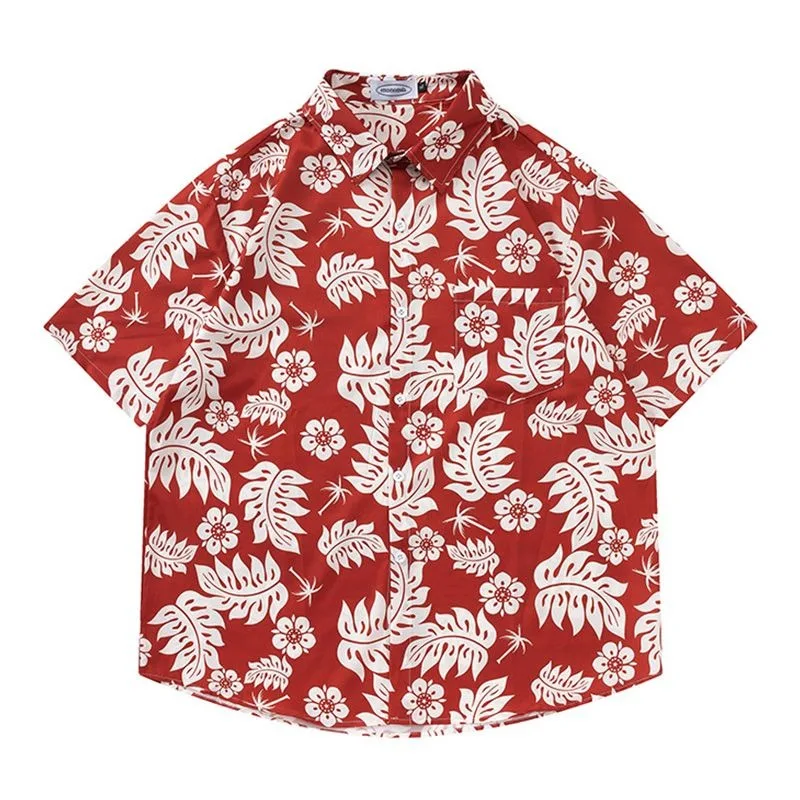 Fashion Hawaiian Men's Flower Shirts Boho Floral Red Blouse Loose Oversized Lapel Tops Summer Half Sleeve Beach Clothes Harajuku