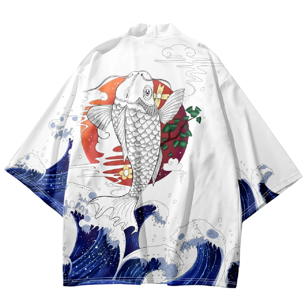 

Japanese Wave Carp Print Kimono Shirt Haori Fashion Summer Beach White Yukata Men Women Traditional Cardigan Asian Clothing