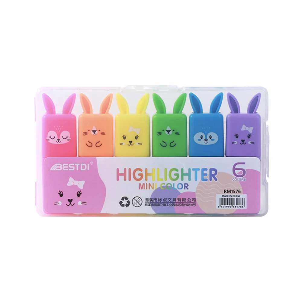 6Pcs/Set Kawaii Stationery Cartoon Animals Highlighter Macaron Cute Oblique Tip Marker Scrapbooking Diary Fluorescent Pen