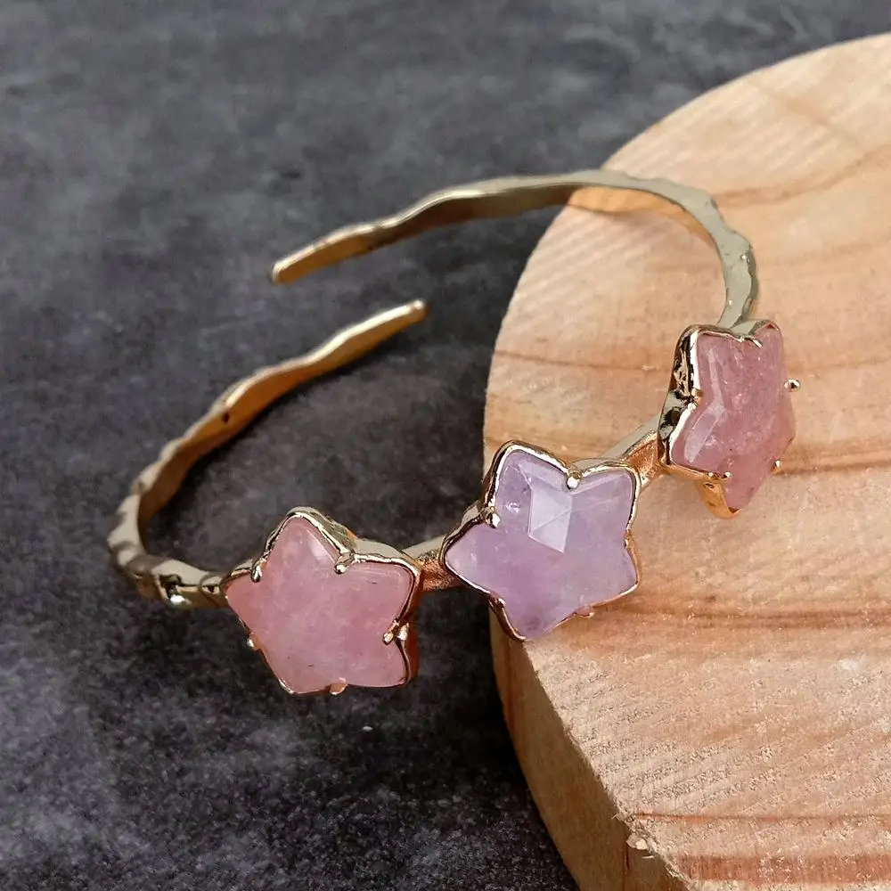 KKGEM Natural Gemstone Bangle Gold Color Bracelet 16mm  Amethyst Rose Quartz Star Shape Bracelet