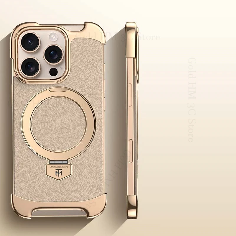 

Luxury Leather Frameless Phone Case For iPhone 17 16 E 14 13 15 Pro Max Four Corners Armor Borderless Magnetic Ring Stand Cover