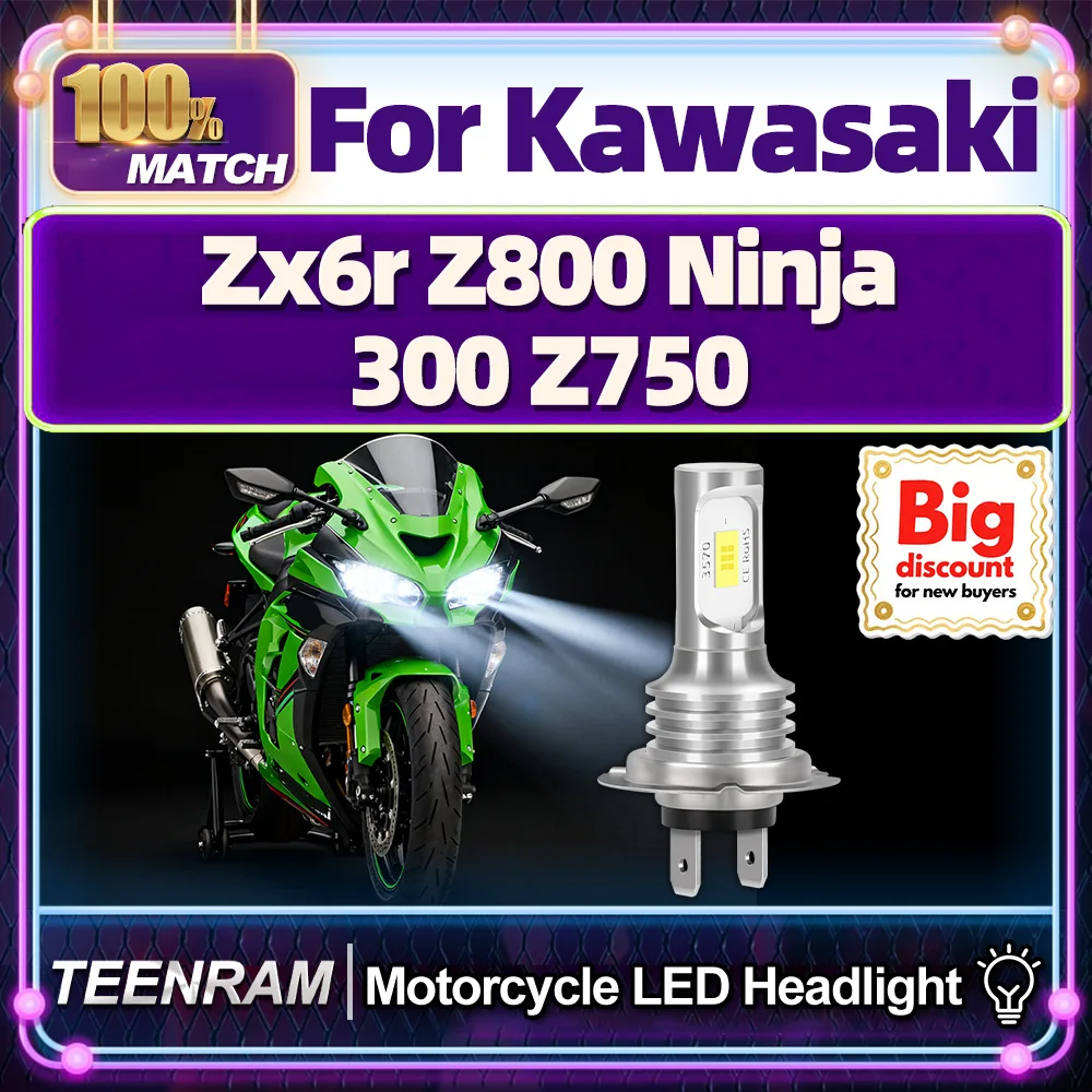 

TEENRAM For Kawasaki Zx6r Z800 Ninja 300 Z750 Motorcycle LED Headlight Bulbs Upgrade Plug And Play Hi/Lo Moto Headlamp Ampoules