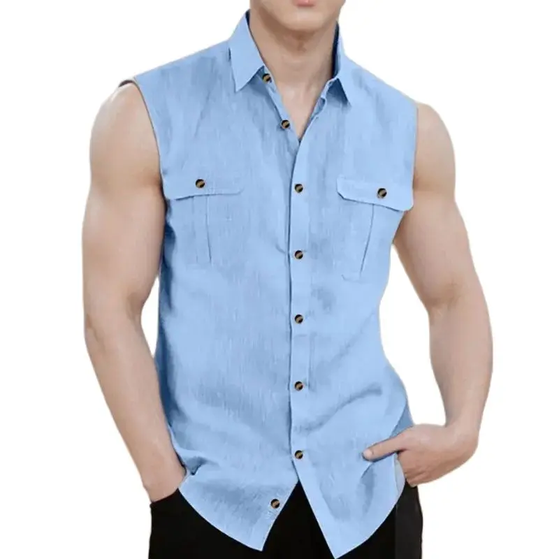 Men\'s Linen Shirt Summer Shirt Beach Top Black Wine Blue Sleeveless Solid Color Hawaiian  Tee  Collar  Sweatshirt Clothing