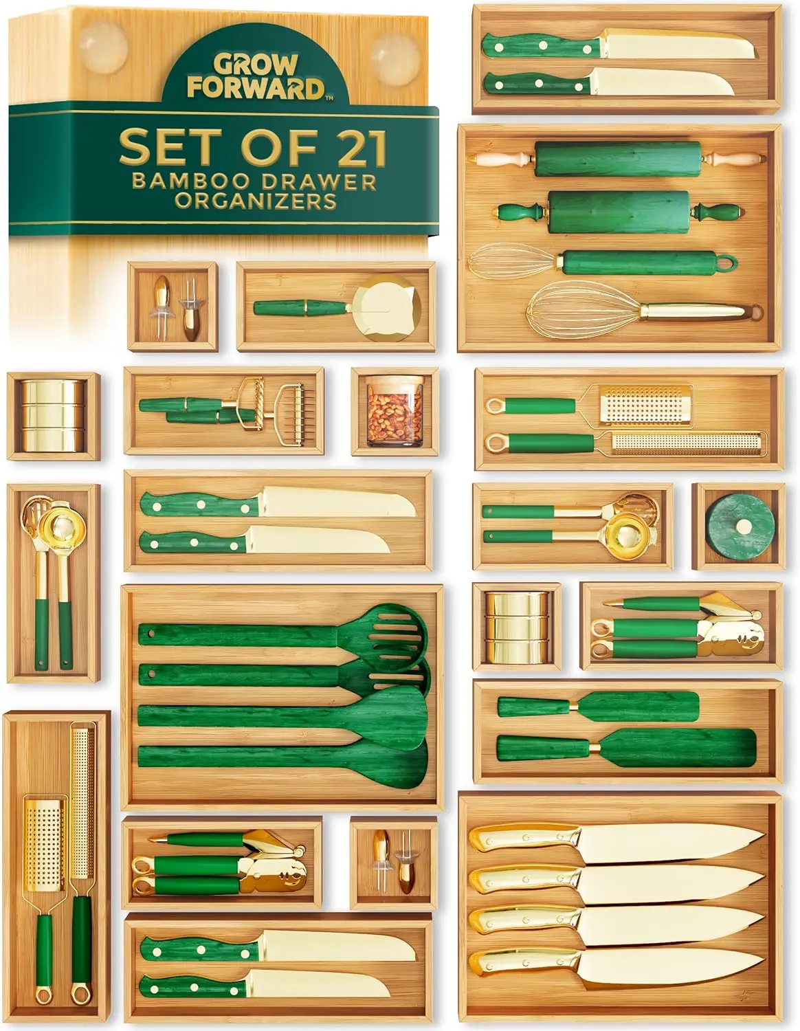 

21-Piece Bamboo Drawer Organizer Set for Kitchen, Bathroom, Office - Non-Slip Storage Trays