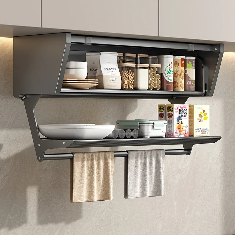 Aluminum Kitchen Hanging Cabinet Adjustable Pull-Down Organizer  Multi-Function Spice Holder  Foldable Wall-Mounted Prep Rack