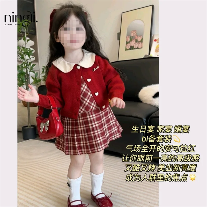 

Girls Spring and Autumn New Korean Style Red Plaid Skirt Knitted Cardigan One-Year-Old Dress Two-Piece Set